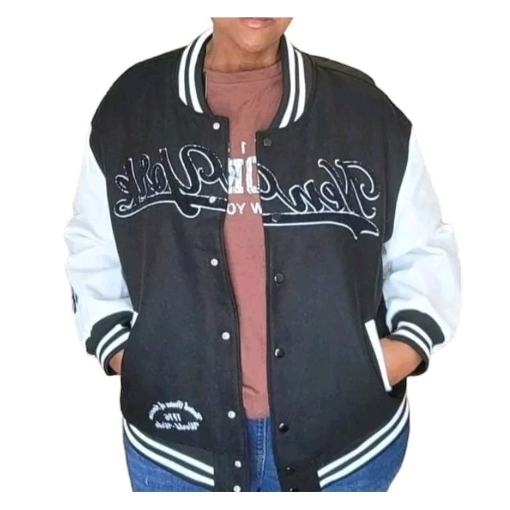 New York Womens Bomber Varsity Jacket Size 2X Black Y2K Embroidered